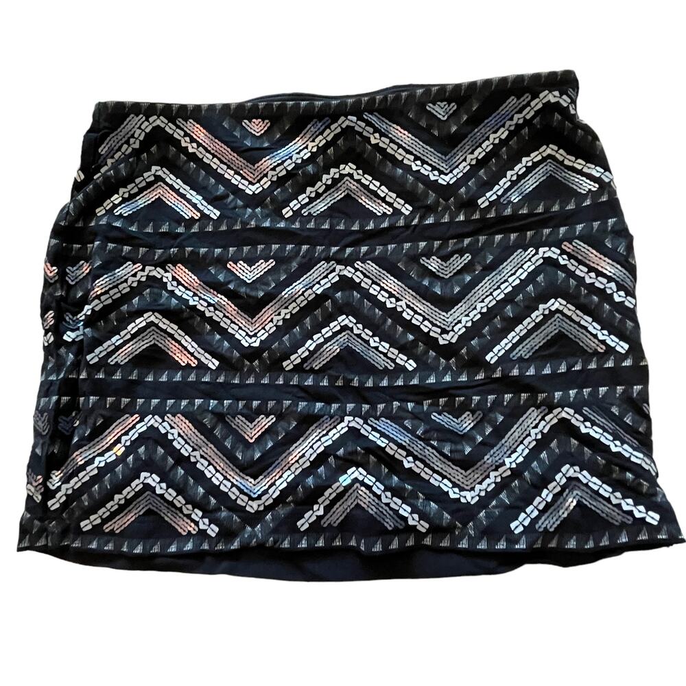 Express Black Silver Gray Sequin Mini Skirt Herringbone Design Size SP